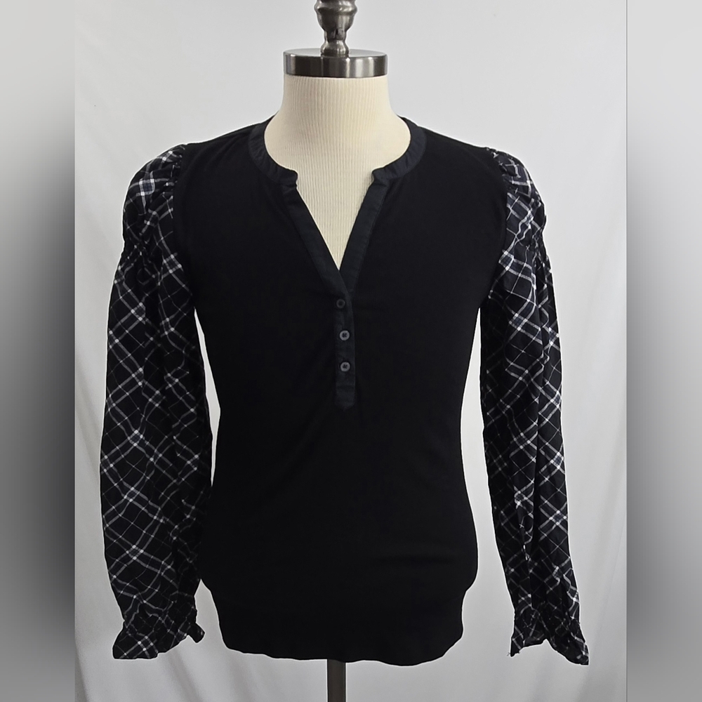 LOFT Black and White Plaid Long Sleeve black body Mixed Media Blouse Size Large